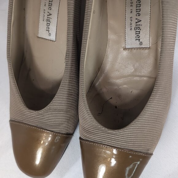 Etienne Aigner Kitten Heels Brown Tan Ribbed Taupe 8 Leather Italy Women Vintage - Picture 4 of 16